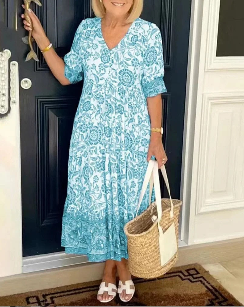 Elegant Floral V-Neck Dress for Women - Lightweight, Blue/White, Flowy