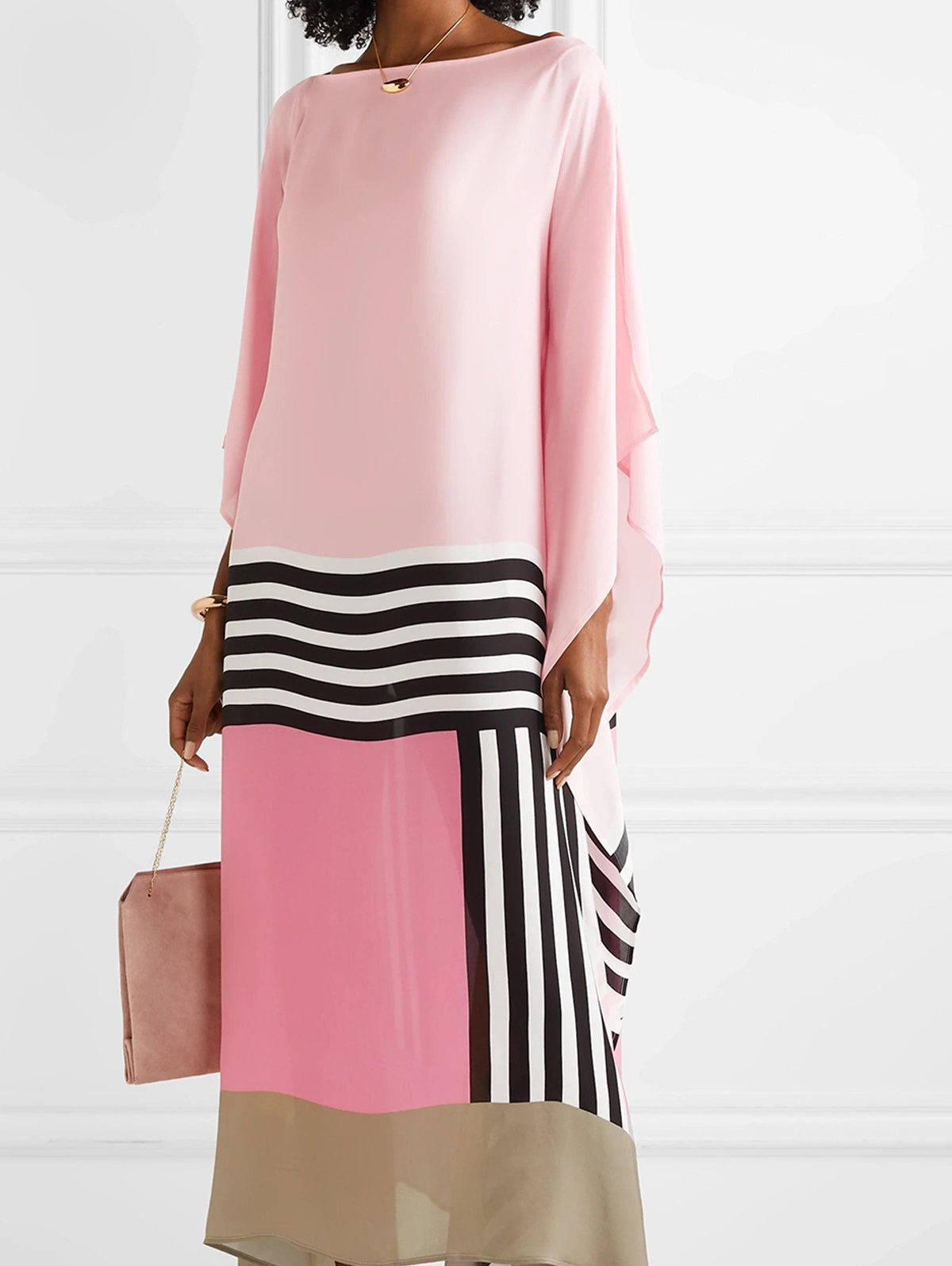 Elegant Geometric Print Caftan Dress β Loose Fit, Lightweight, Pink/Yellow/Black
