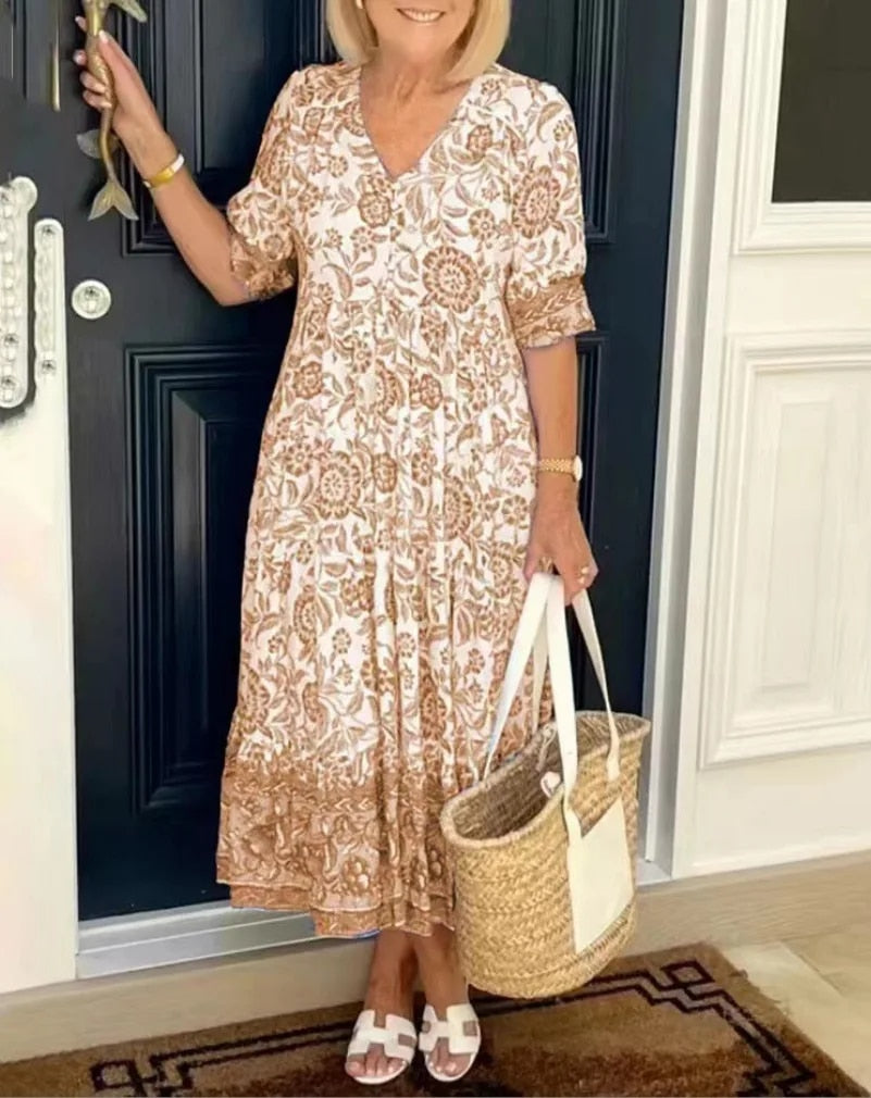Elegant Floral V-Neck Dress for Women - Lightweight, Blue/White, Flowy