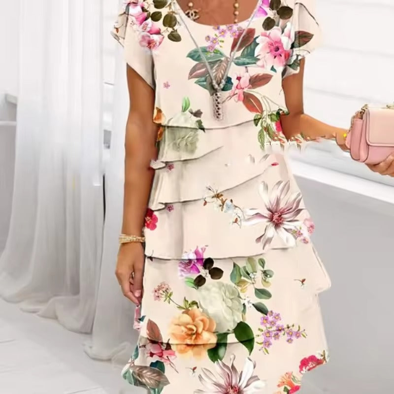 Floral Pleated Ruffle Dress - Short Sleeve, Lightweight, Elegant Layered