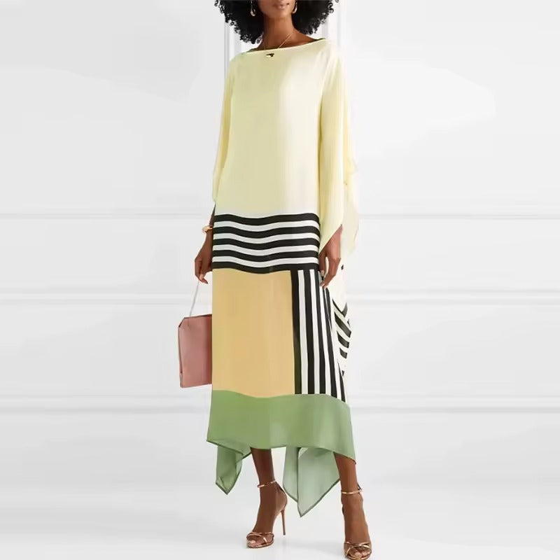 Elegant Geometric Print Caftan Dress β Loose Fit, Lightweight, Pink/Yellow/Black