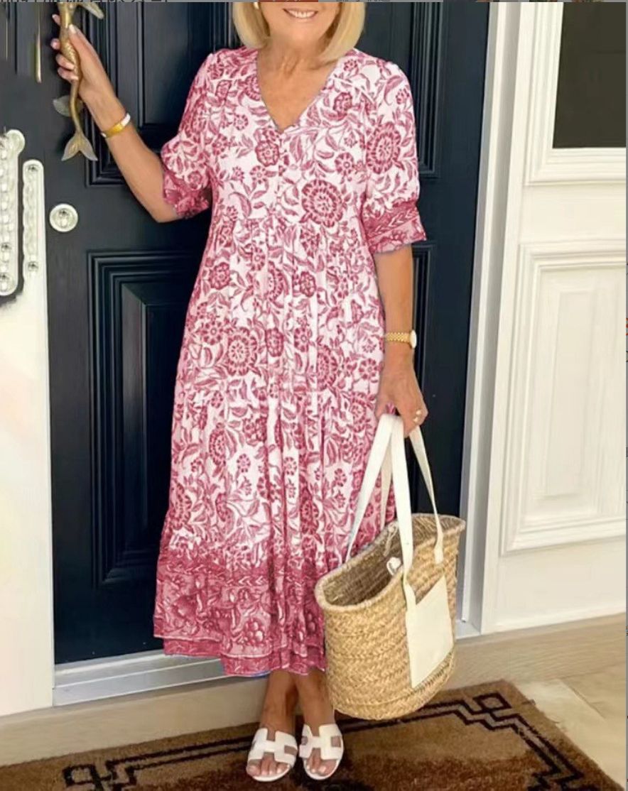 Elegant Floral V-Neck Dress for Women - Lightweight, Blue/White, Flowy
