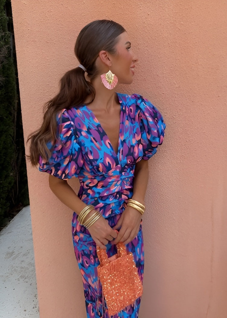 Vibrant Puff Sleeve Midi Dress - Multicolor Abstract Print, Flattering Waist, V-Neck