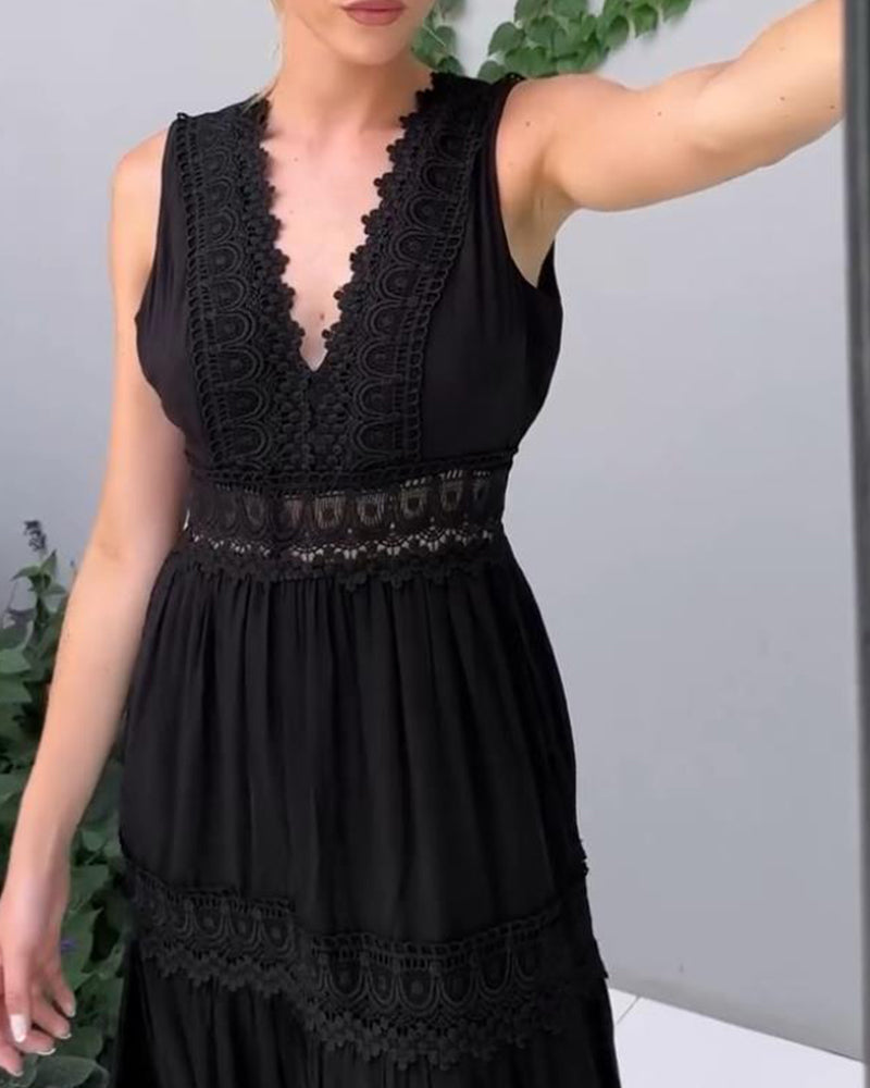 V-neck lace tank dress β sleeveless summer midi with airy lace detail