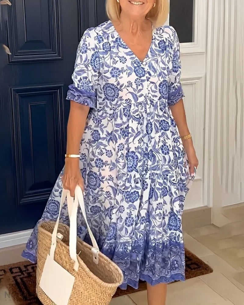 Elegant Floral V-Neck Dress for Women - Lightweight, Blue/White, Flowy