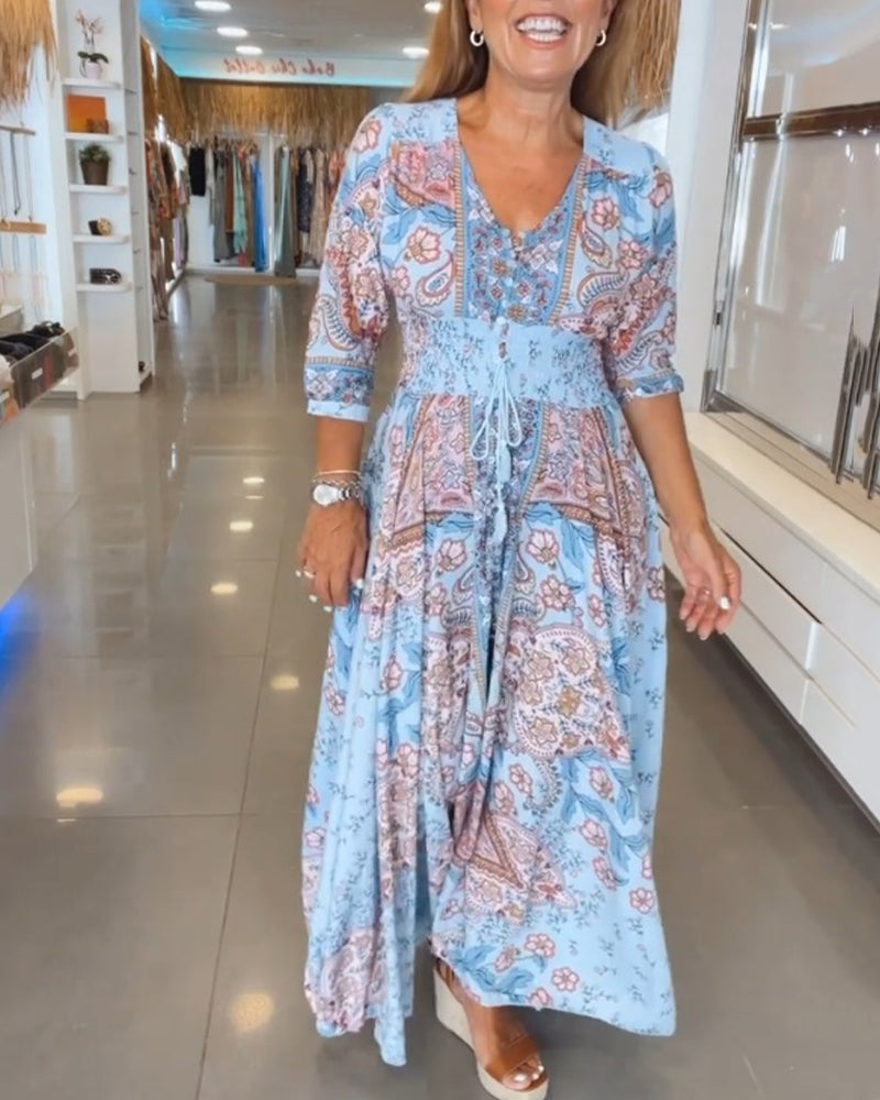 V-Neck 3/4 Sleeve Holiday Maxi Dress β Floral Print, Lightweight, Boho Style