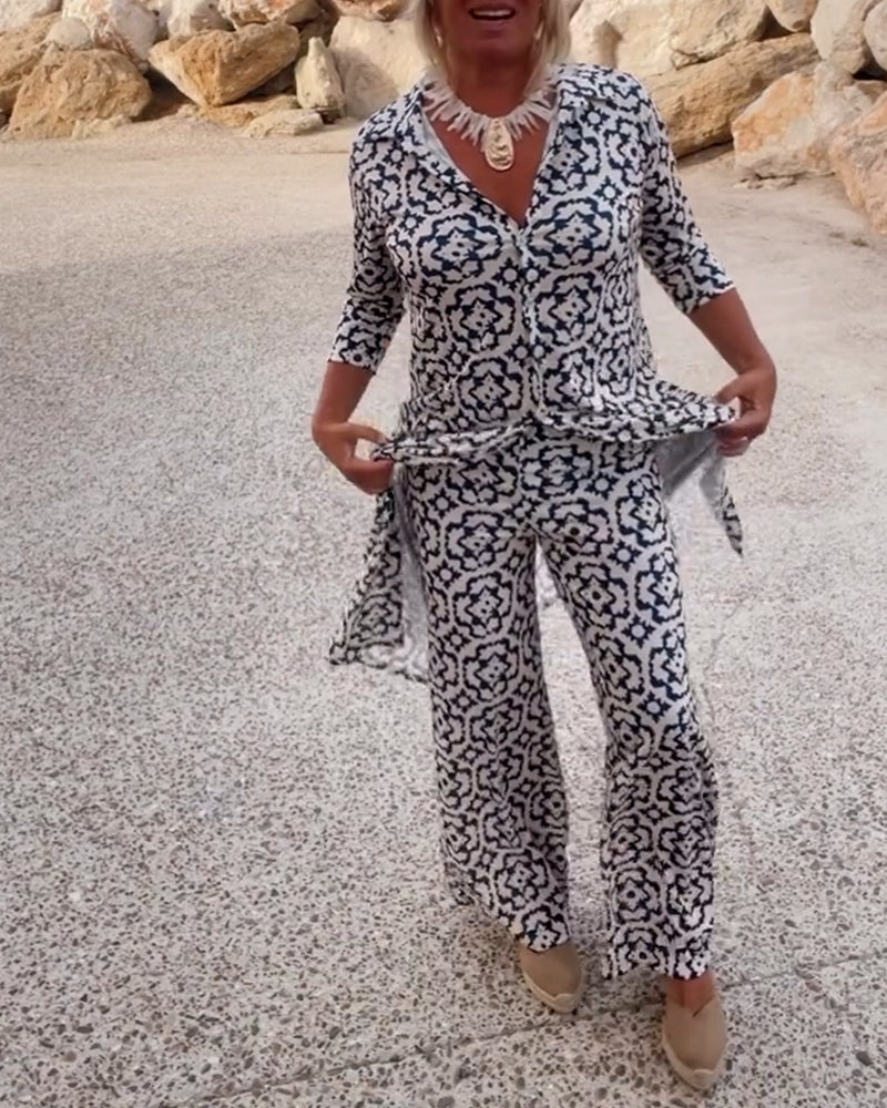 Vintage Printed Two-Piece Set with Lapel Collar and Button Details β Spring/Summer
