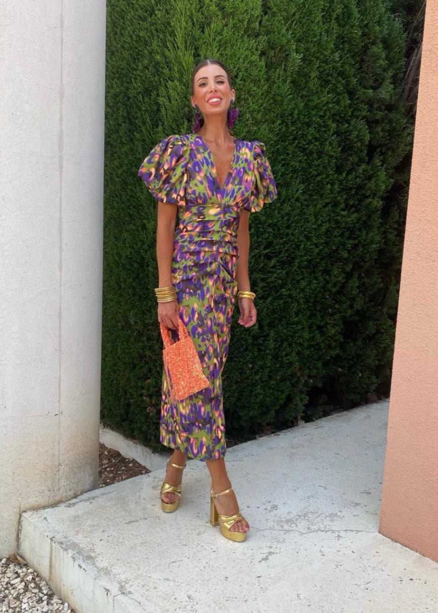 Vibrant Puff Sleeve Midi Dress - Multicolor Abstract Print, Flattering Waist, V-Neck
