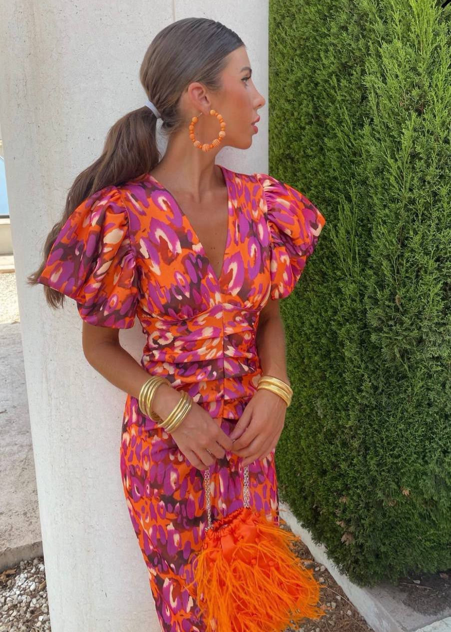 Vibrant Puff Sleeve Midi Dress - Multicolor Abstract Print, Flattering Waist, V-Neck