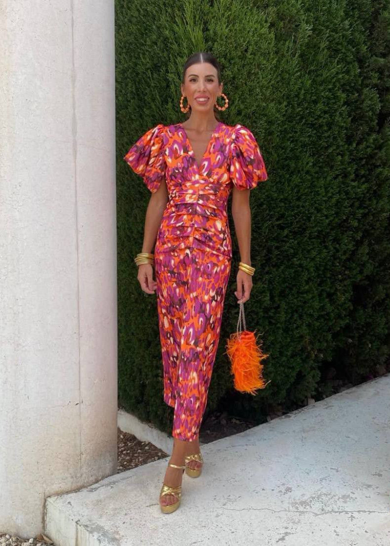 Vibrant Puff Sleeve Midi Dress - Multicolor Abstract Print, Flattering Waist, V-Neck