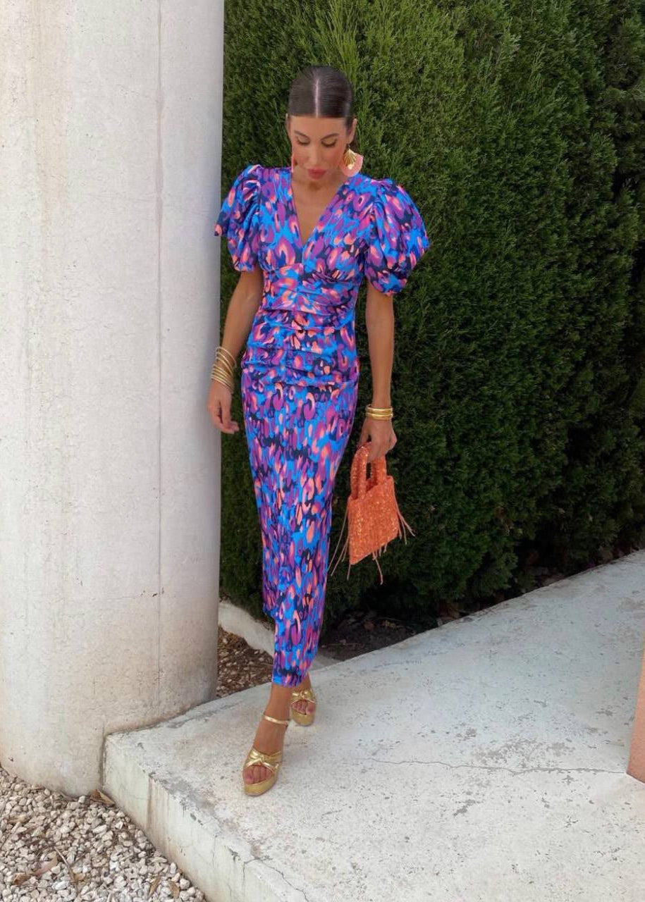 Vibrant Puff Sleeve Midi Dress - Multicolor Abstract Print, Flattering Waist, V-Neck
