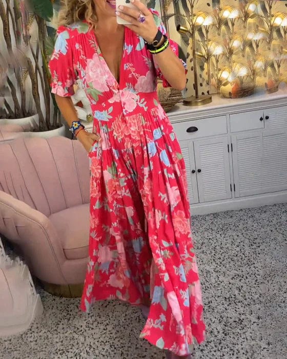 Long Floral V-Neck Dress with Pockets β Flowy Summer Maxi, Comfortable Fit