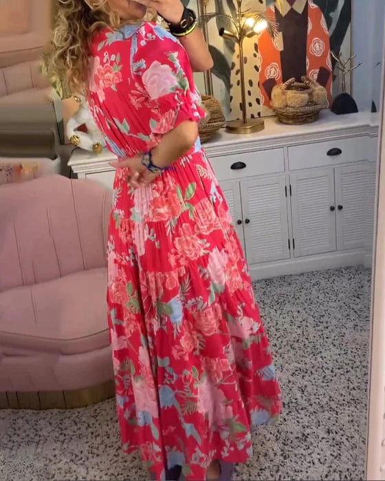 Long Floral V-Neck Dress with Pockets β Flowy Summer Maxi, Comfortable Fit