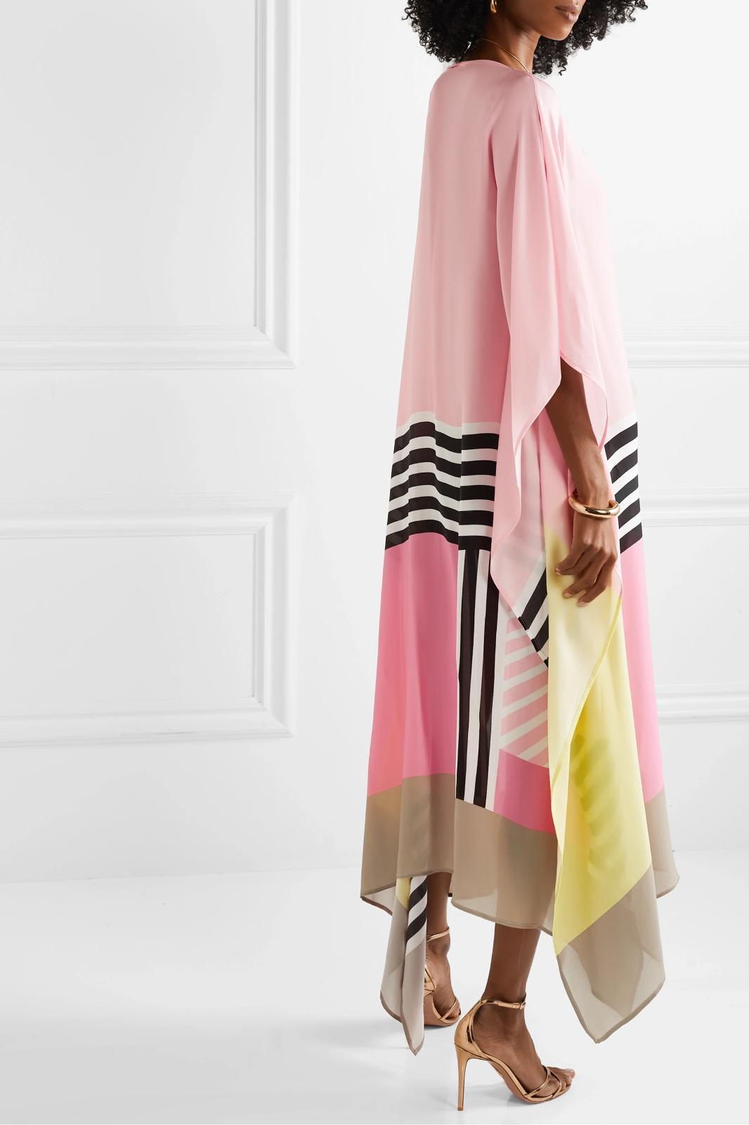 Elegant Geometric Print Caftan Dress β Loose Fit, Lightweight, Pink/Yellow/Black