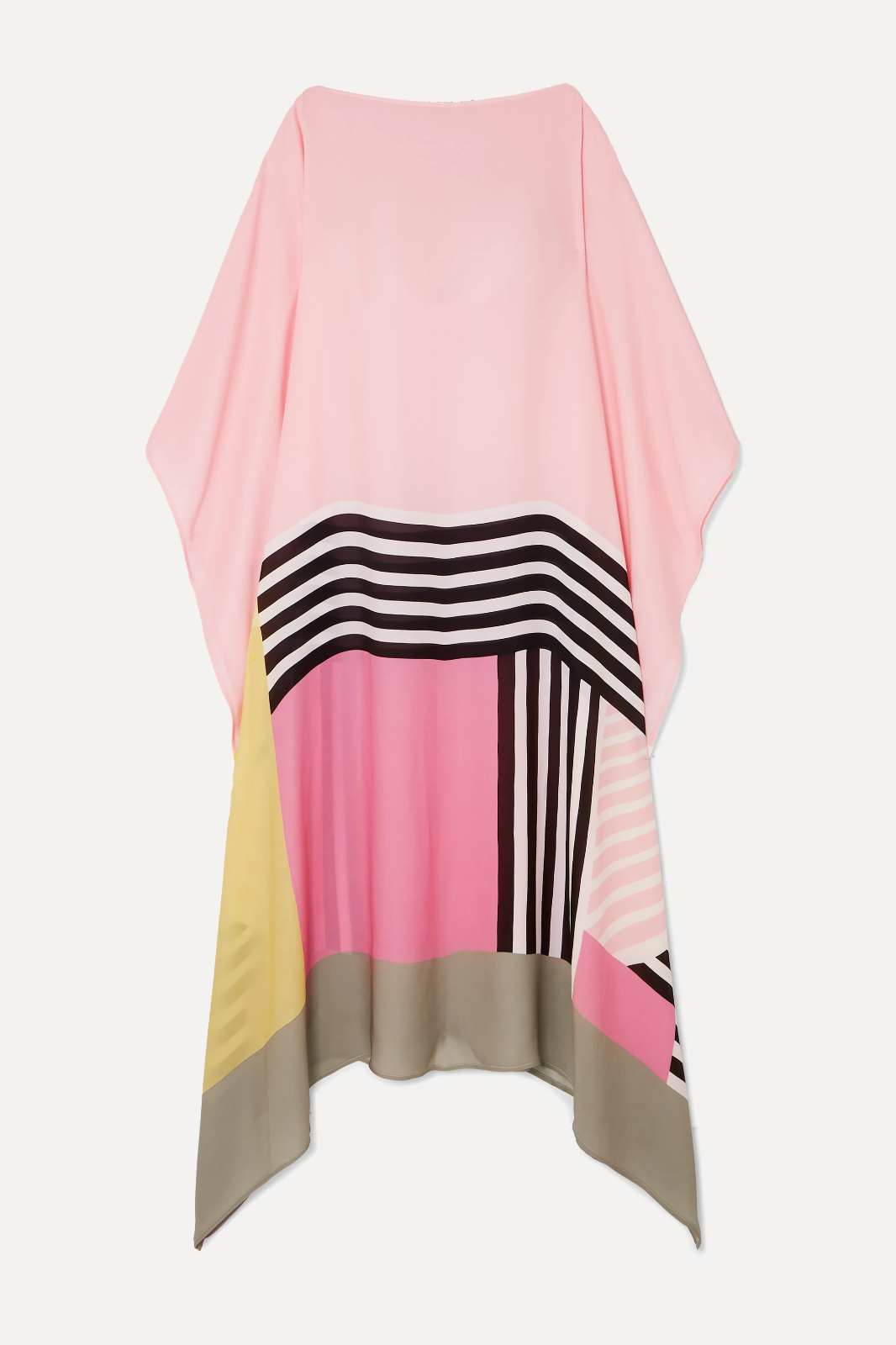 Elegant Geometric Print Caftan Dress β Loose Fit, Lightweight, Pink/Yellow/Black