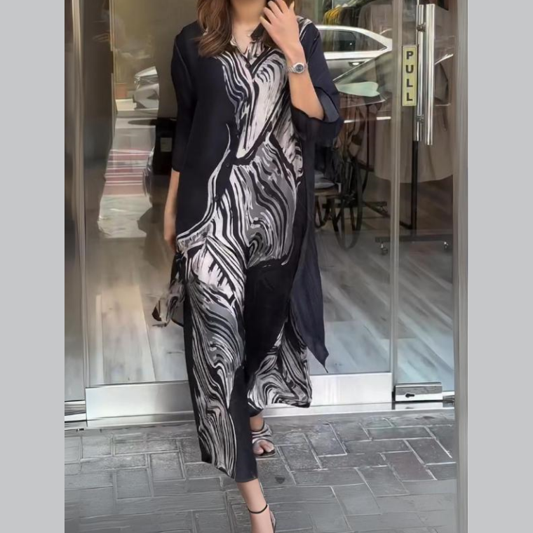 Women's 2-Piece Flowing Shirt Dress Set - Lightweight, Floral or Abstract, Summer