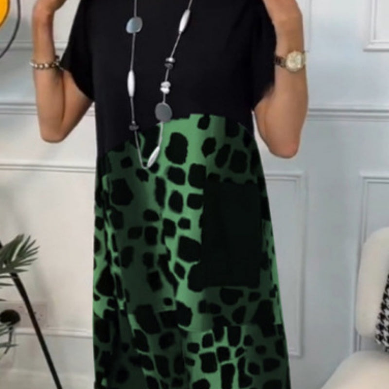 Printed Short Sleeve Dress with Round Neck and Animal Pattern, Black/Gray