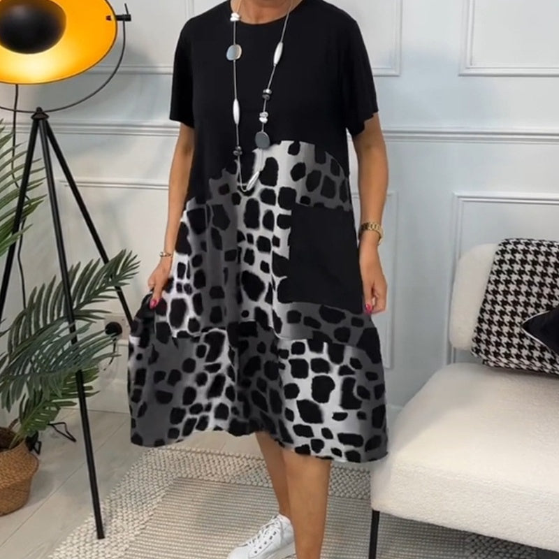 Printed Short Sleeve Dress with Round Neck and Animal Pattern, Black/Gray
