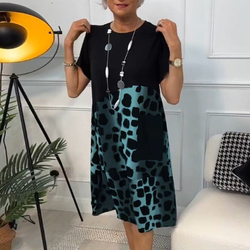 Printed Short Sleeve Dress with Round Neck and Animal Pattern, Black/Gray