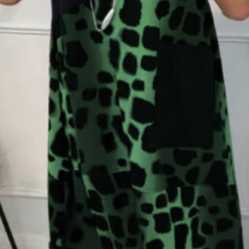 Printed Short Sleeve Dress with Round Neck and Animal Pattern, Black/Gray