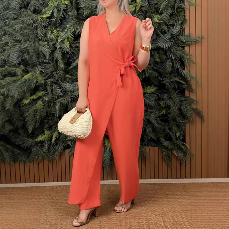 Women's Sleeveless V-Neck Jumpsuit with Adjustable Tie Belt β Casual Fit