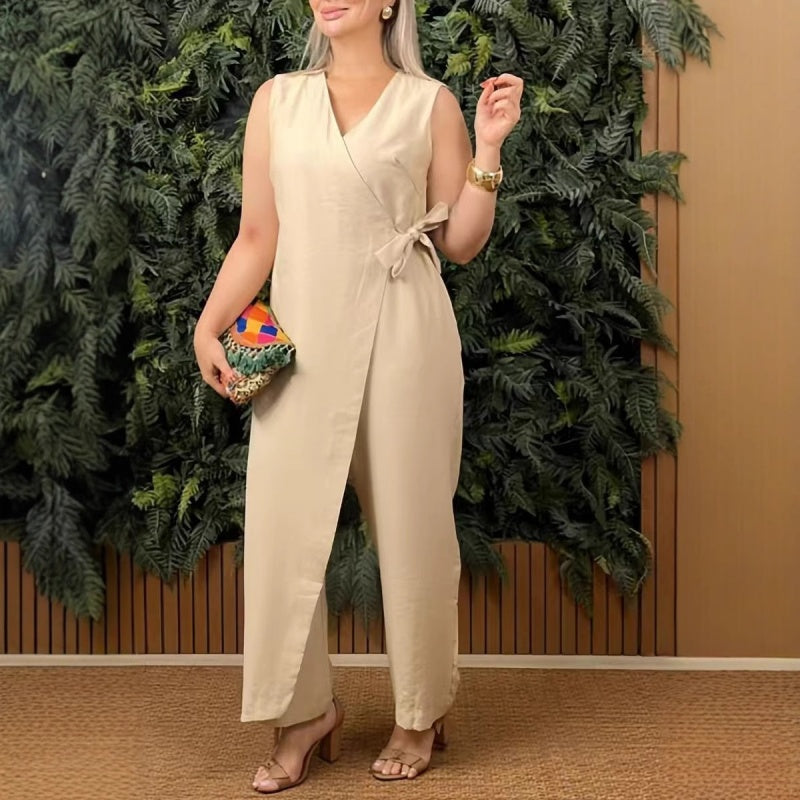 Women's Sleeveless V-Neck Jumpsuit with Adjustable Tie Belt β Casual Fit
