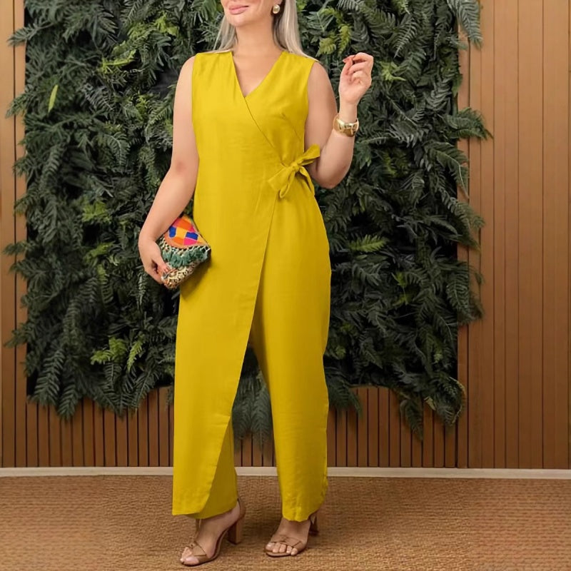 Women's Sleeveless V-Neck Jumpsuit with Adjustable Tie Belt β Casual Fit