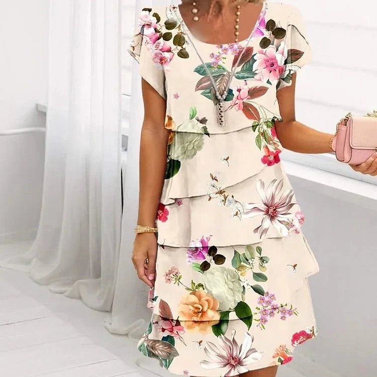 Floral Pleated Ruffle Dress - Short Sleeve, Lightweight, Elegant Layered