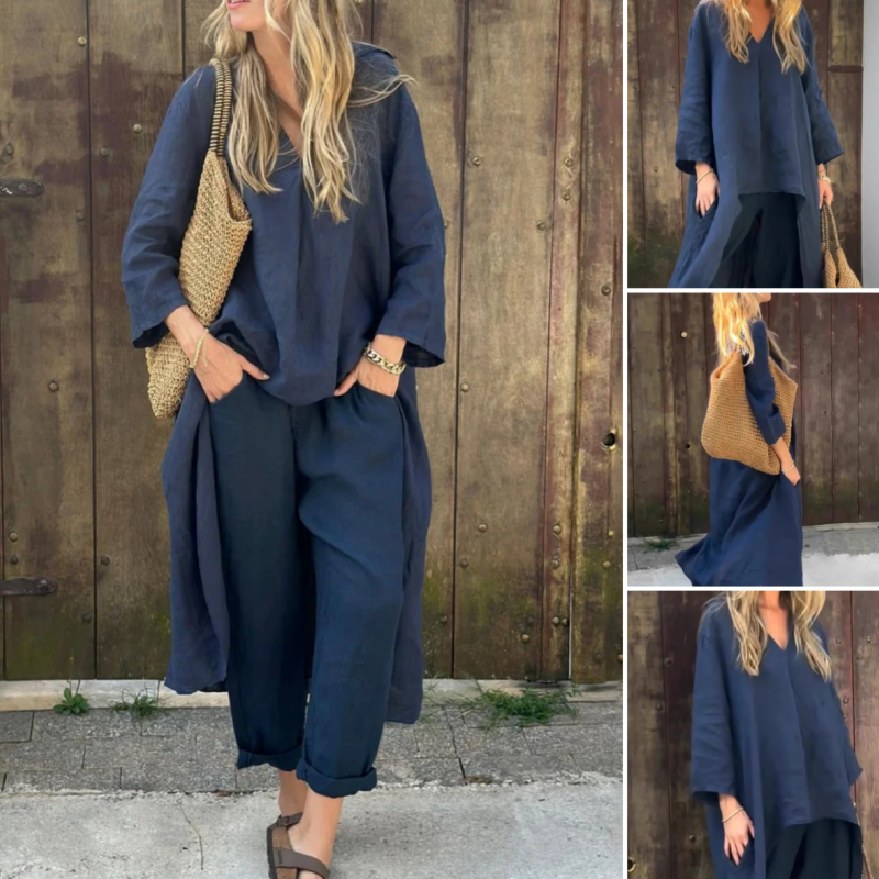 2-Piece V-Neck Relaxed Set with Pockets - Navy Blue Linen Blend Apparel & Accessories > Clothing > Outfit Sets