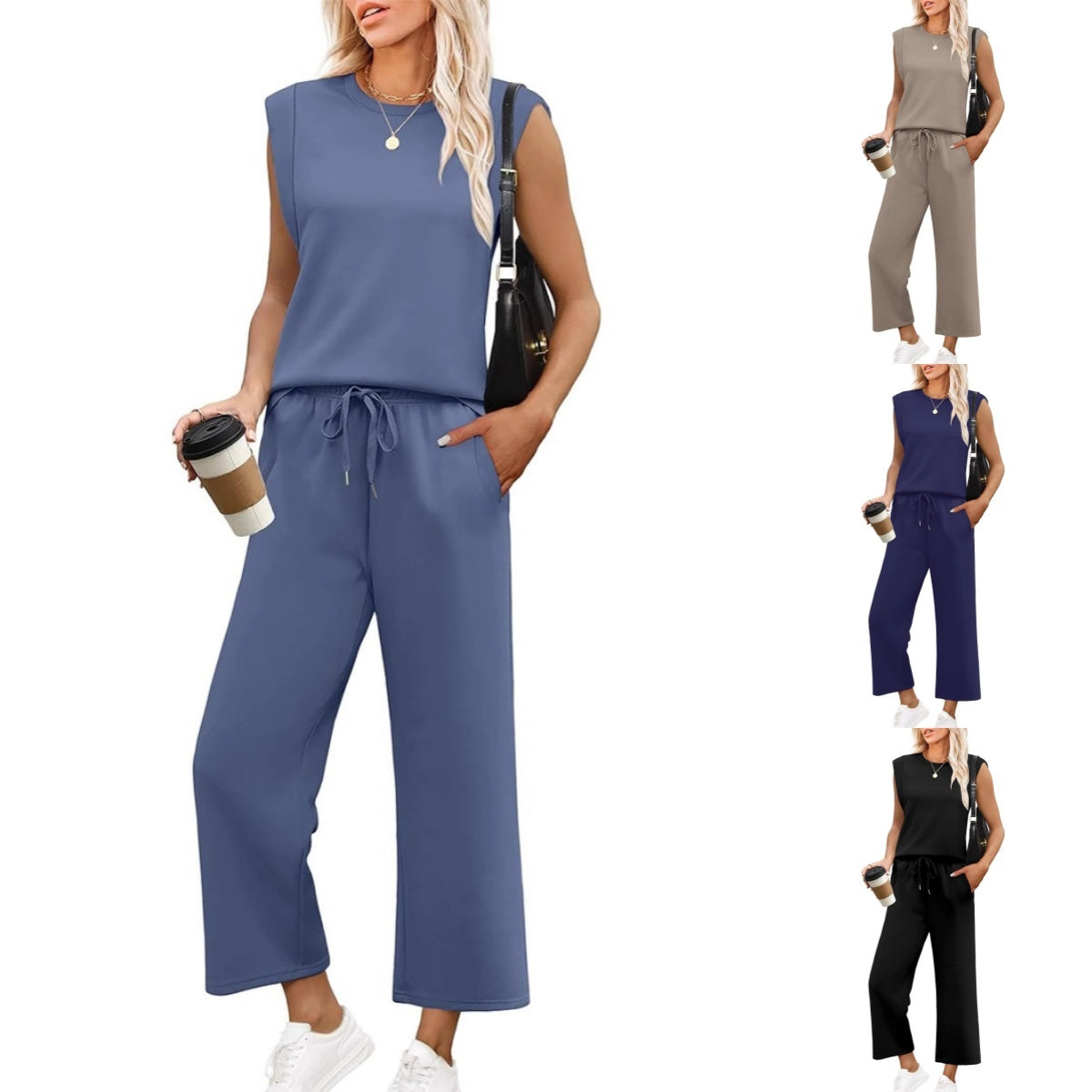 Women's Casual Sleeveless Top and Wide Leg Pants Set - Relaxed Fit, Summer, Soft Fabric