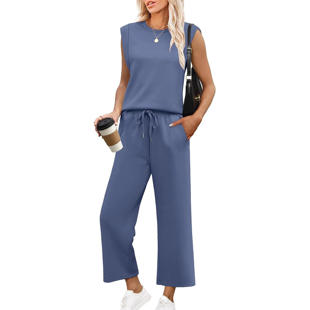 Women's Casual Sleeveless Top and Wide Leg Pants Set - Relaxed Fit, Summer, Soft Fabric