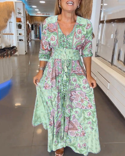 V-Neck 3/4 Sleeve Holiday Maxi Dress – Floral Print, Lightweight, Boho Style