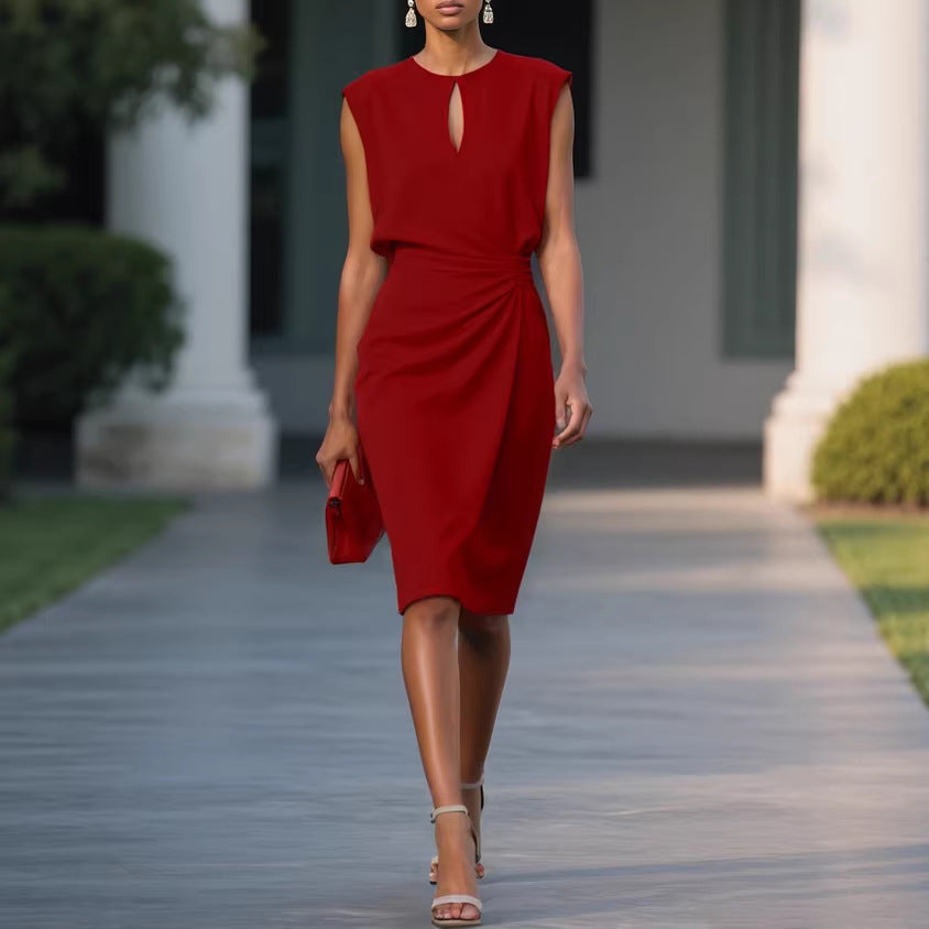 Ella™ Modern Classy Keyhole Neckline Satin Sleeveless Dress