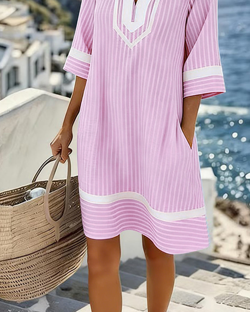 Mia™ Short Sleeve Striped Dress with V-Neck