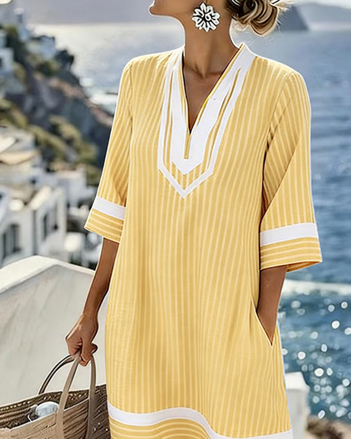 Mia™ Short Sleeve Striped Dress with V-Neck