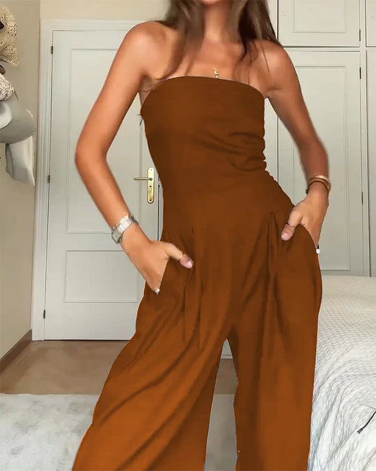 Off-Shoulder Jumpsuit for Women - Wide Leg, Brown, Elegant Evening & Daywear