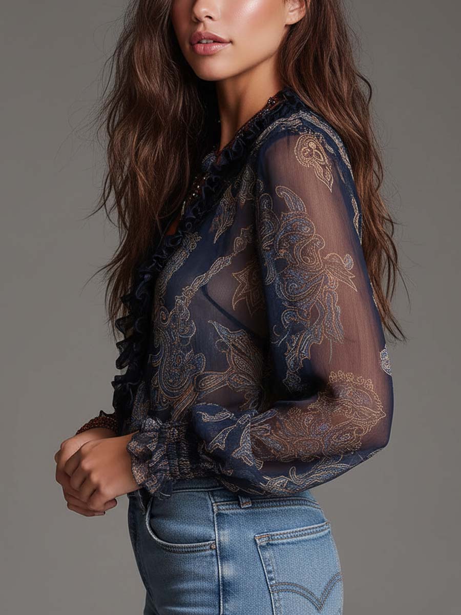 Isla | Ruffled Blouse with Baroque Paisley Print