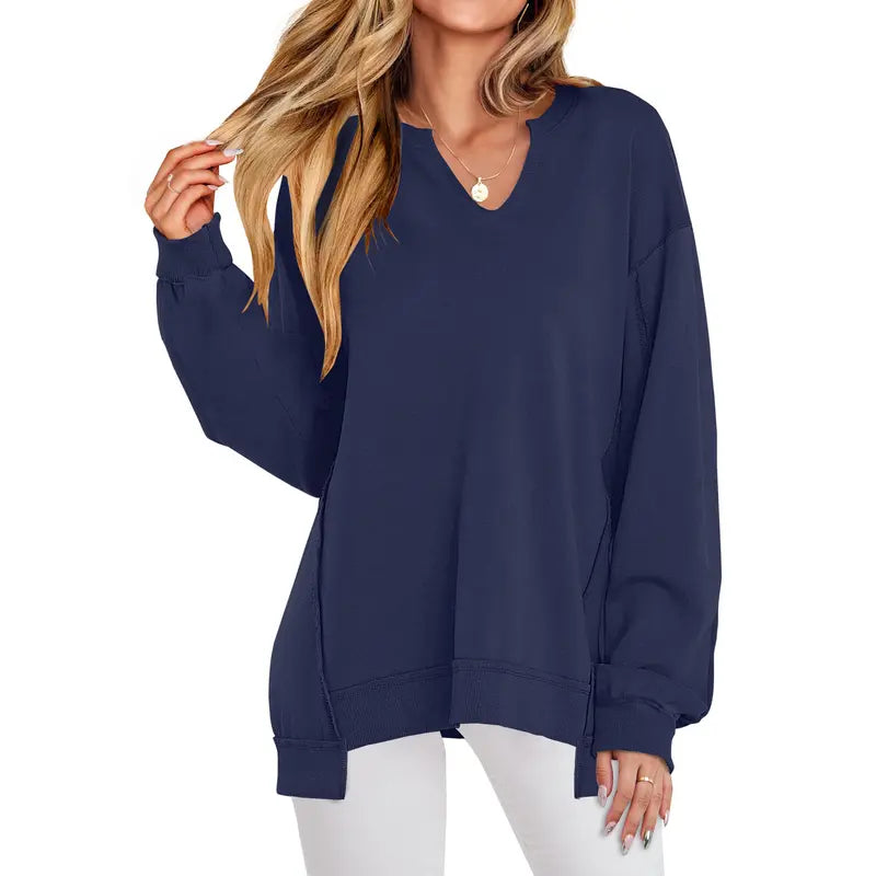 GENEVA - Casual V-Neck Oversized Sweatshirt Lightweight Long Sleeve