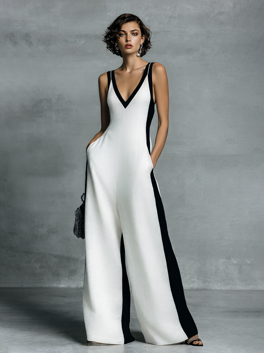Monique™ | Elegant Contrast Wide-Leg Jumpsuit