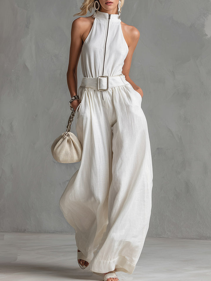 Hannah™ | Elegant Urban Belted White Cotton-Linen Sleeveless Wide-Leg Jumpsuit