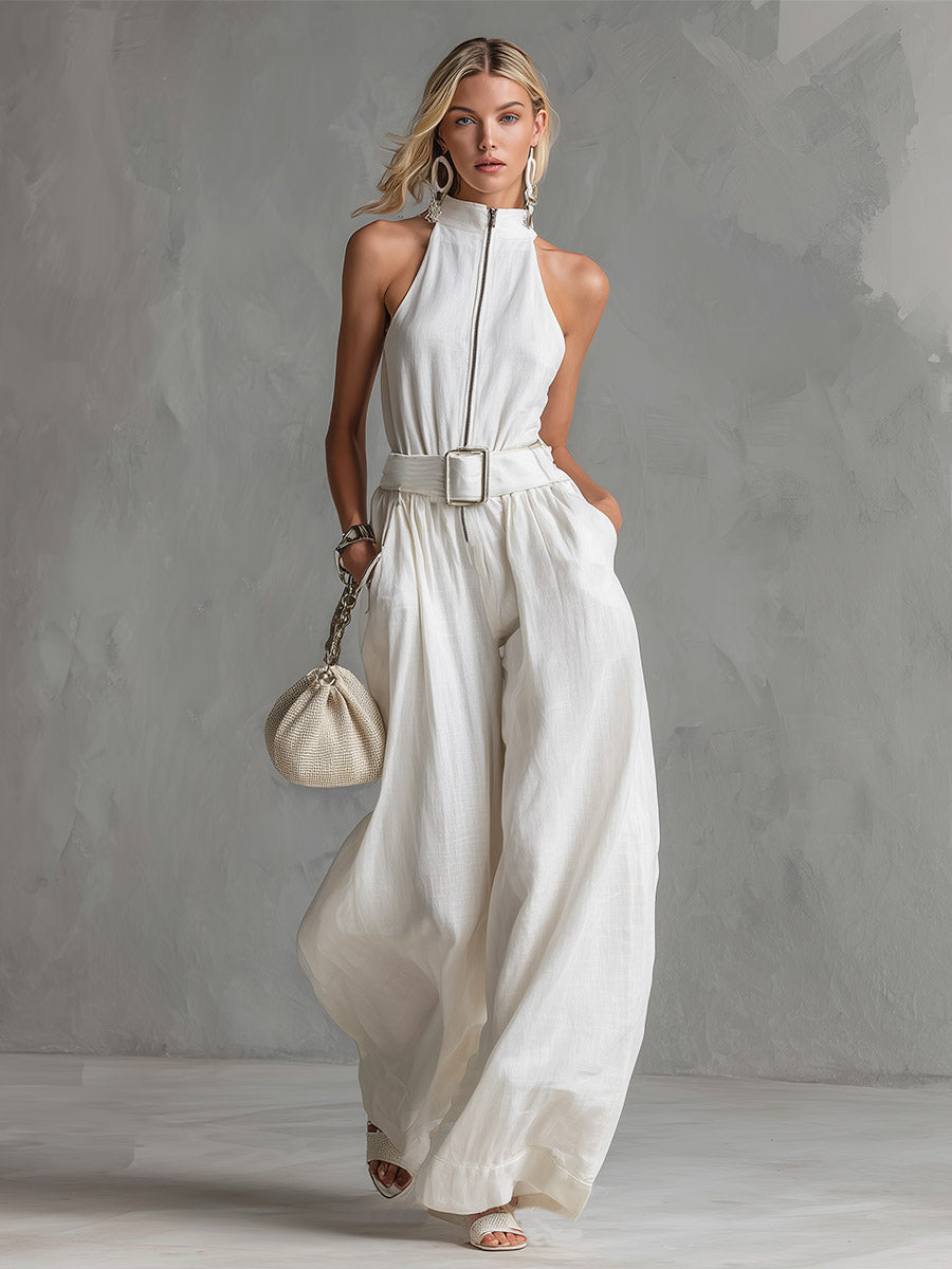 Hannah™ | Elegant Urban Belted White Cotton-Linen Sleeveless Wide-Leg Jumpsuit