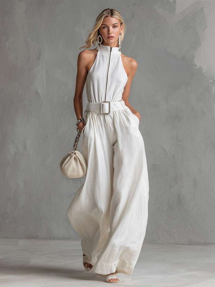 Hannah™ | Elegant Urban Belted White Cotton-Linen Sleeveless Wide-Leg Jumpsuit