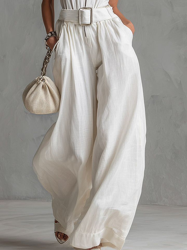 Hannah™ | Elegant Urban Belted White Cotton-Linen Sleeveless Wide-Leg Jumpsuit