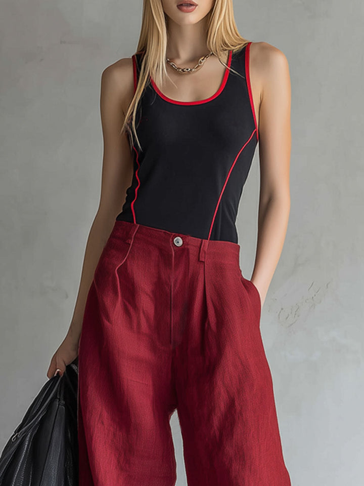 Nancy™ | Black Color-blocked Tank Top And Cotton-linen Trousers Set
