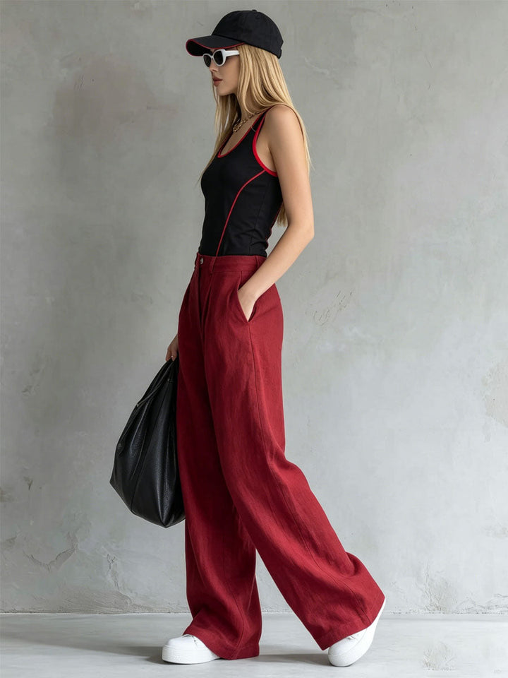 Nancy™ | Black Color-blocked Tank Top And Cotton-linen Trousers Set