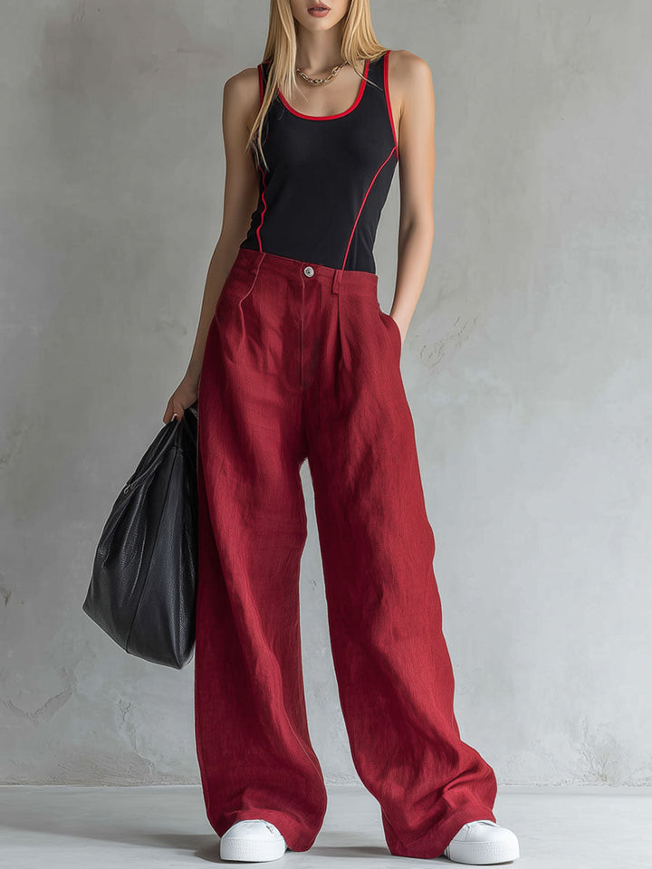 Nancy™ | Black Color-blocked Tank Top And Cotton-linen Trousers Set