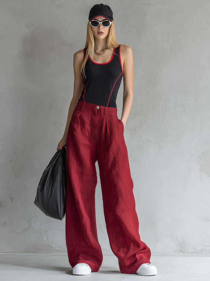 Nancy™ | Black Color-blocked Tank Top And Cotton-linen Trousers Set