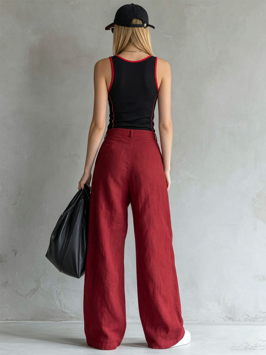 Nancy™ | Black Color-blocked Tank Top And Cotton-linen Trousers Set