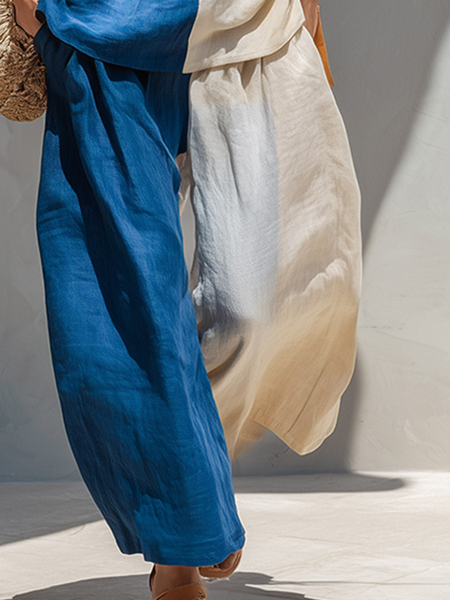 Michelle™ Elegant Urban Color-Block Cotton-Linen Vest & Trousers Set