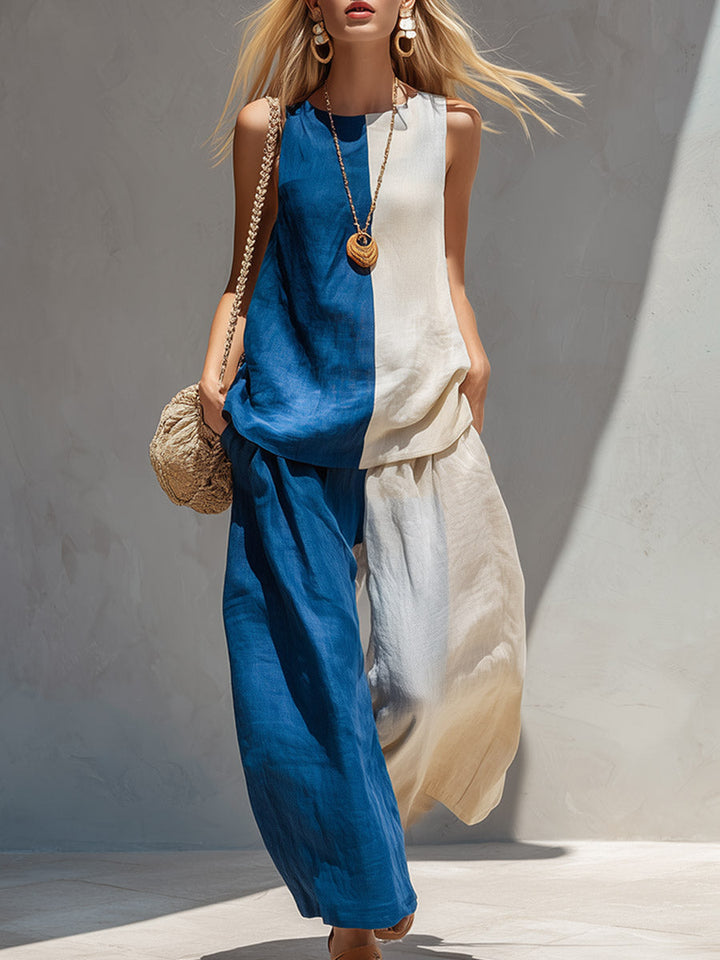 Michelle™ Elegant Urban Color-Block Cotton-Linen Vest & Trousers Set